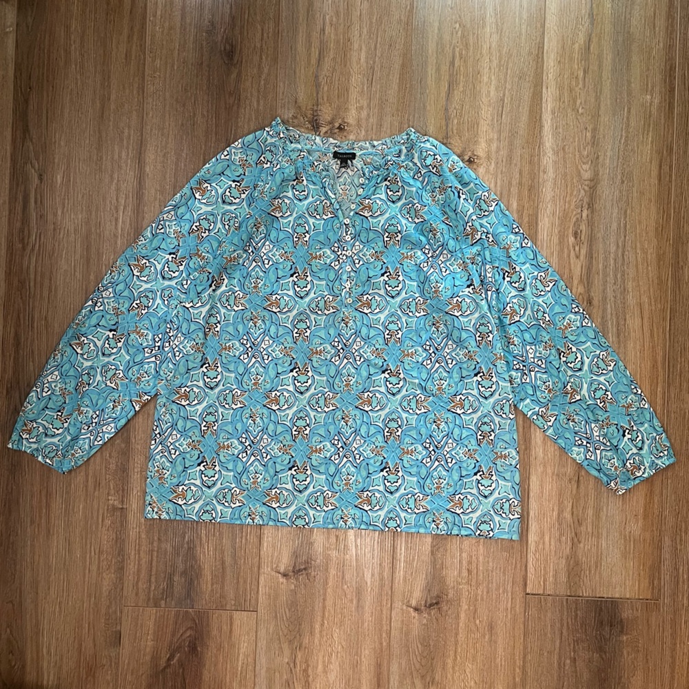 Light/ Dark Turquoise Talbots Three-Quarter-Sleeve Blouse